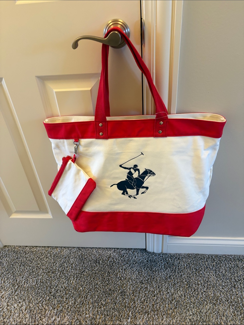 Beverly Hills Polo Club Red and White Canvas Tote with Polo Graphic